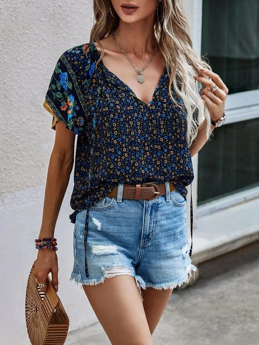 Summer Flower Printed Womens Fashion V-neck Short Sleeve Bohemian Beach Casual Top Womens Elegant Shirt Womens 250102