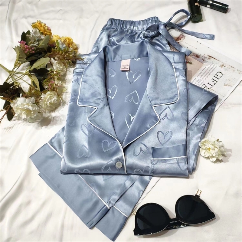 Spring and Autumn New Pajamas Womens Ice Silk Thin Style Simple Internet Celebrity Sweet Live Outerwear Home Clothes Two Piece Set Summer