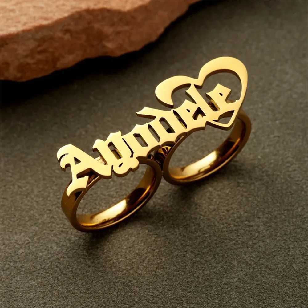 New stainless steel name ring personalized large two finger ring for women fashionable gold double finger ring for knuckles mens couple gift W250102