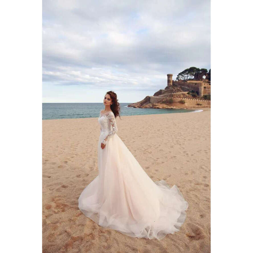 Elegant Lace Appliques A-E Dress Sheer Scoop Long Sleeves Tulle Boho Wedding Gowns Vestido De Novia Beach Dresses