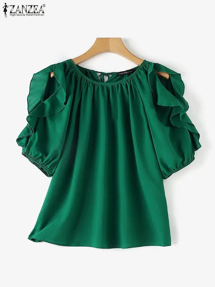 ZANZEA Womens Cold Shoulder Top Fashion Ruffle Half Sleeve Top Strap Ruffle Tuned Summer Casual Loose Shirt 250102
