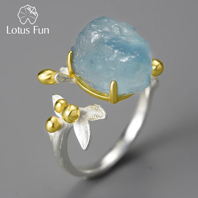 Lotus Fun 18K gold natural aquamarine gemstone womens adjustable flower ring genuine 925 sterling silver exquisite jewelry 250102