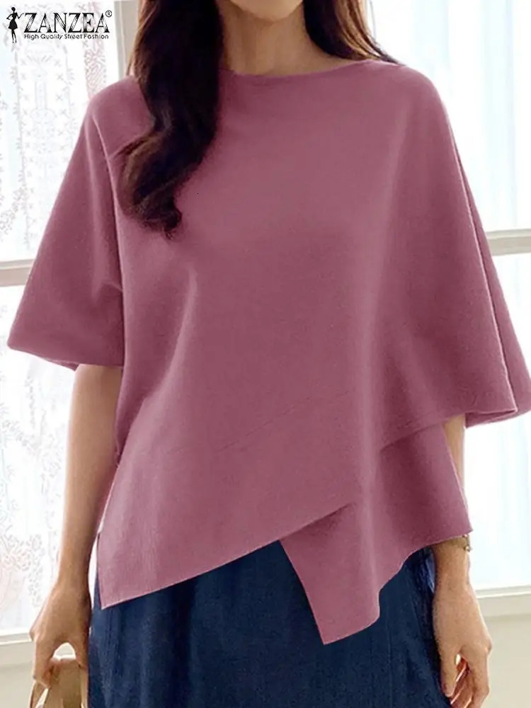 ZANZEA Womens Fashion Shirt Fashion 3/4 Sleeve Ruffle Bottom Top Summer Round Neck Loose Blusa Elegant Irregular Work Tuning 250102
