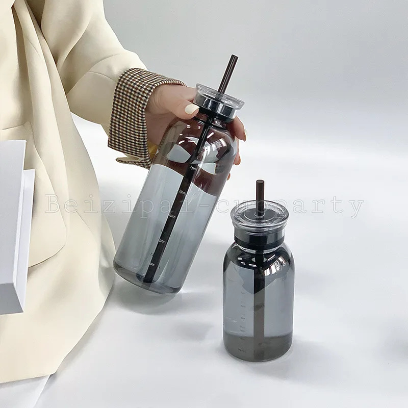 450/750ml Large Glass Water Bottle with Straw 2 Lids Clear Kawaii Drinking Bottle Leakproof Cup for Woman Girl 250102