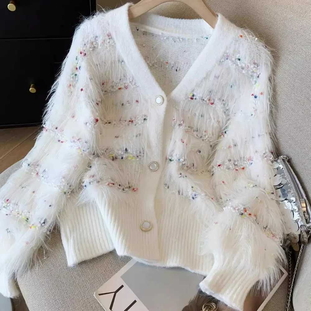 French design Tassels Mohair cardigan warm and thick winter sweater jacket sweet and elegant womens party girls Christmas clothing South Korea M250102