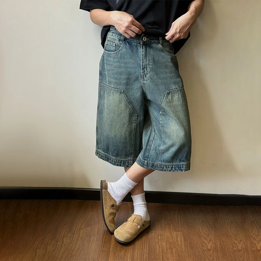 Mens shorts washed high street pocket jeans summer wear resistant American wide leg pants mens clothing unisex 241230