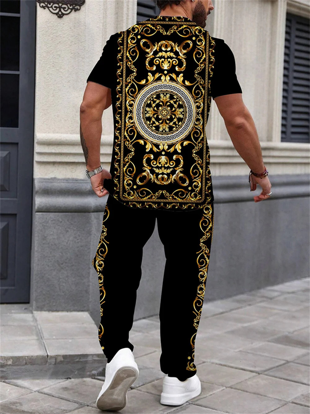 Summer Mens Short Sleeves and Pants Power Lion Print Retro Style Mens Fashion Pants and Short Sleeves 2-piece Set 250102