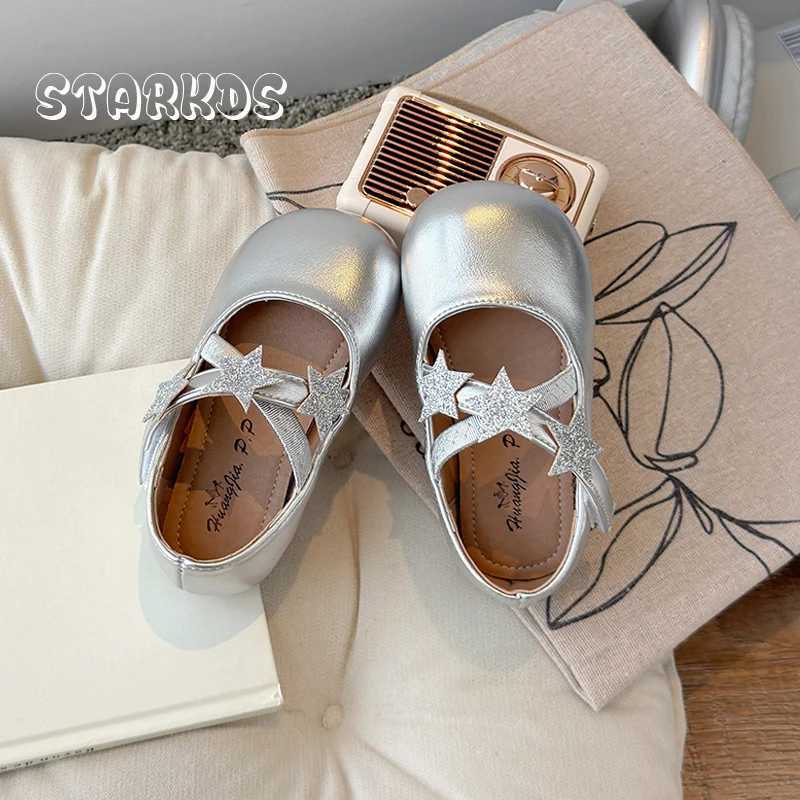 Round toe elastic band ballet shoes for children girls luxury sparkling star patches Mary Jens baby gold silver sliding tablet Zapatos M250103