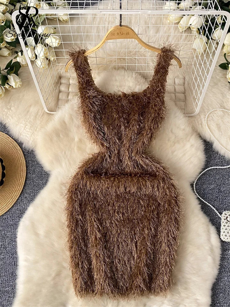 SINGREINY American Sexy Wool Slim Dress Women Spaghetti Strap Square Neck Ins Bodycon Basic High Quality Club Fashion Dress 250102