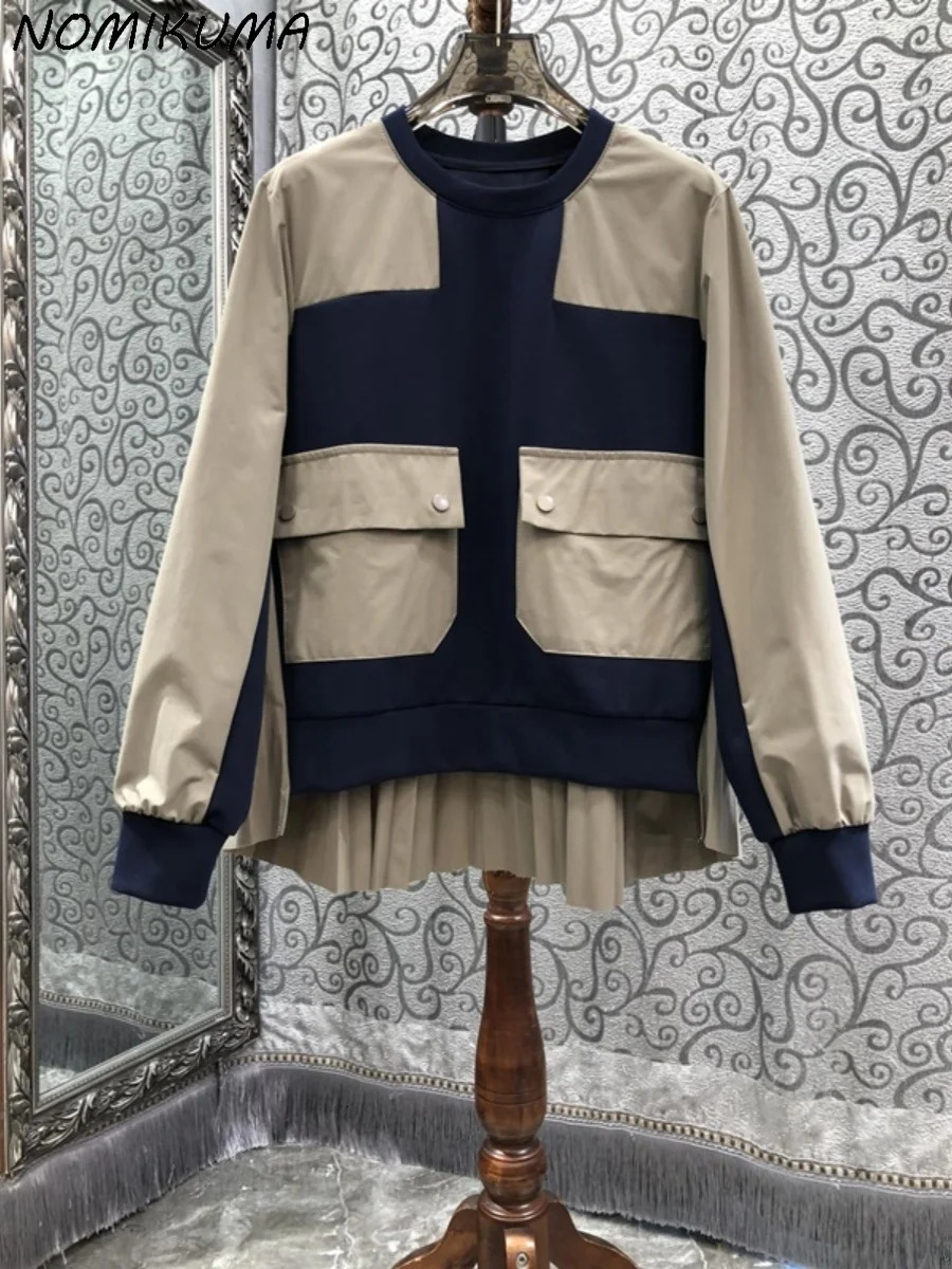 Nomikuma Irregular Contrasting Color Splicing Back Pleated Round Neck Sweatshirt For Women 2024 Autumn New Niche Top Hoodie
