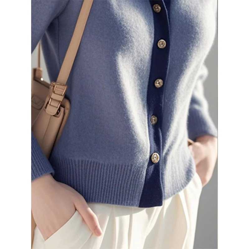 Polo collar knitted cardigan womens autumn and winter simple office womens solid color sweater trend fully matched knitted top M250102