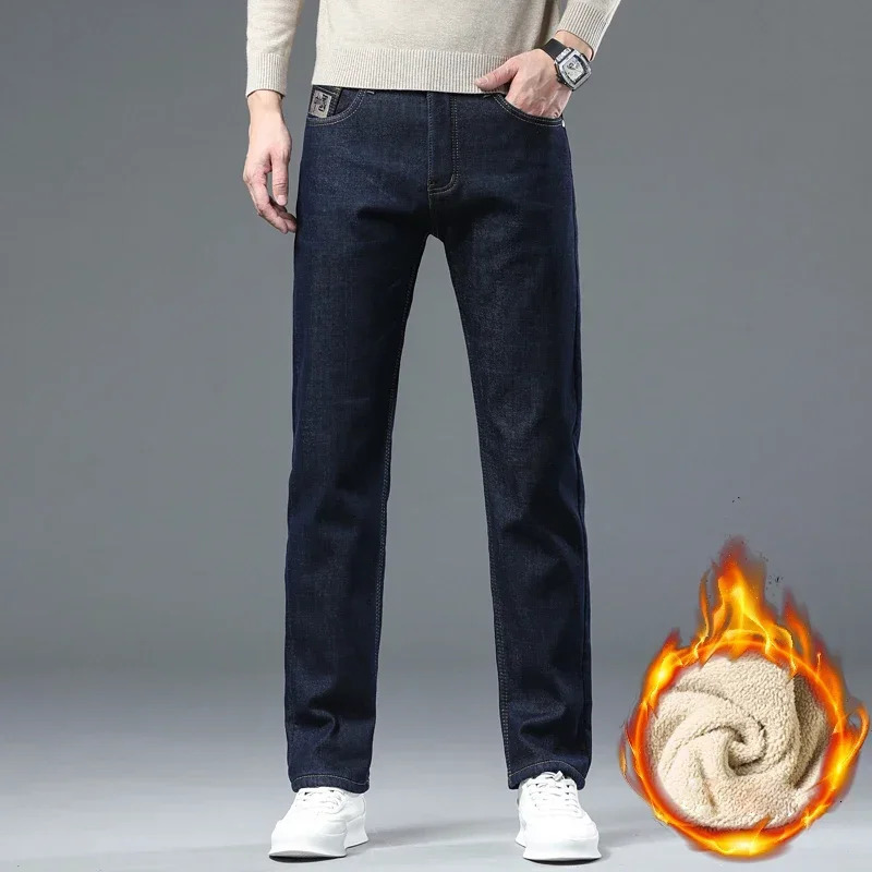 Winter Warm Fleece Jeans Men Straight Stretch Thick Casual Thermal Denim Pants Male Business Work Trousers Men Clothing 241230
