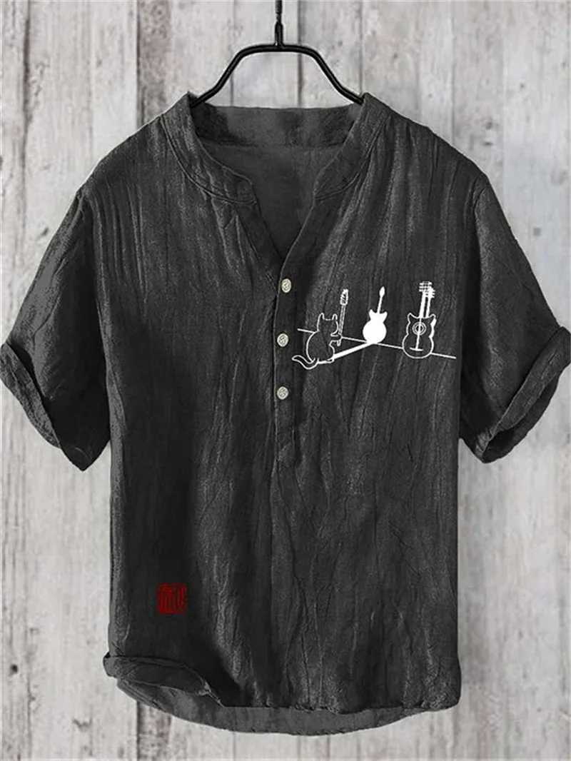 Spring and summer linen blend shirt stand alone casual cat print Hawaiian style printed shirt W250103