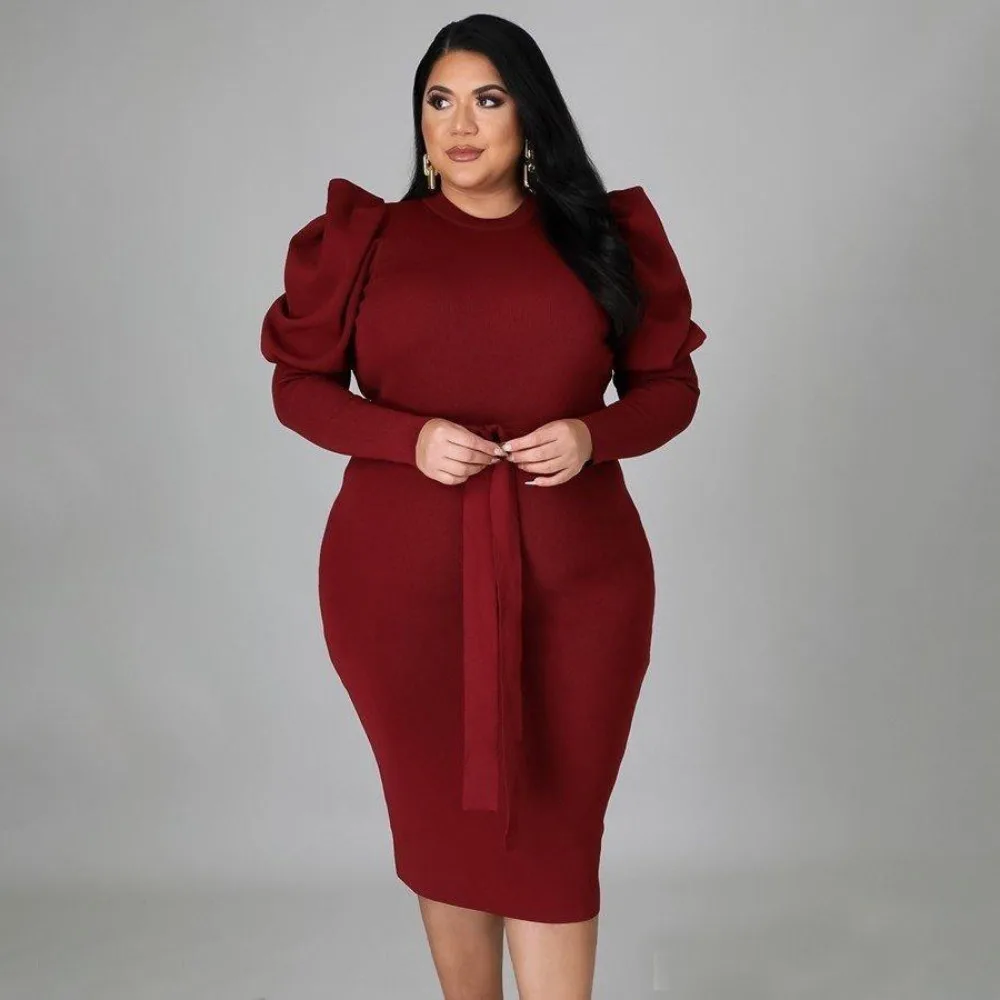 Plus Size Casual Solid Color Commuter Medium Long Dress Women Long Sleeve Fashion O-Neck Slim Dress Wholesale Dropshipping