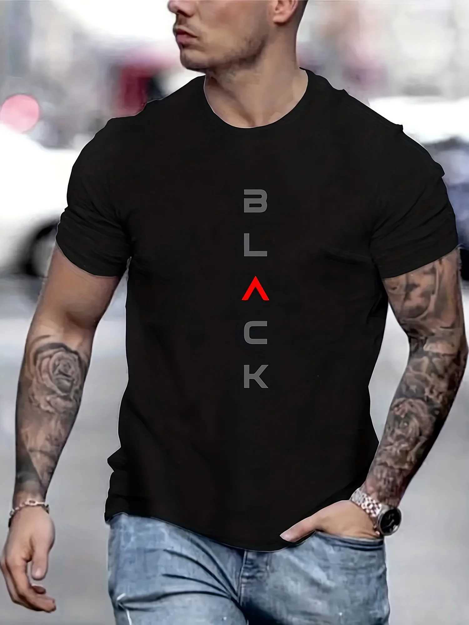 Mens Summer Casual Loose Size 100% Cotton Black Print Round Neck Short Sleeve T-shirt TopXJ240102