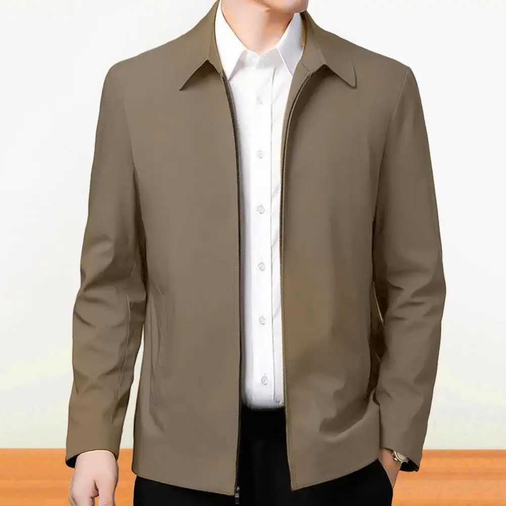 Zipper pocket mens jacket elegant middle-aged and elderly mens lapel jacket fashionable zipper closure straight fit soft formal W250103