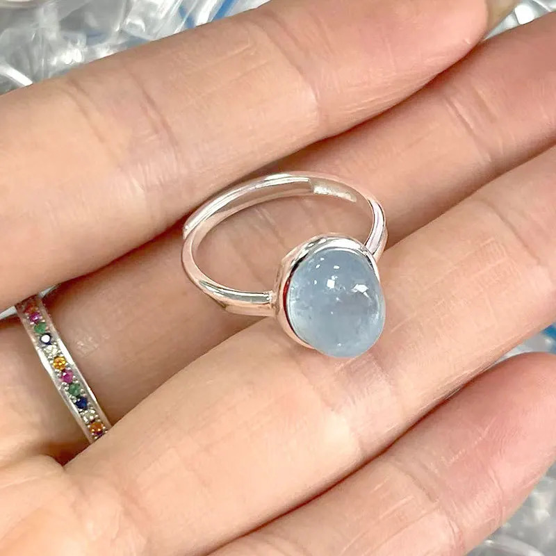 Silvology genuine 925 sterling silver oval aquamarine ring womens natural stone adjustable crystal ring luxurious and exquisite jewelry 250102