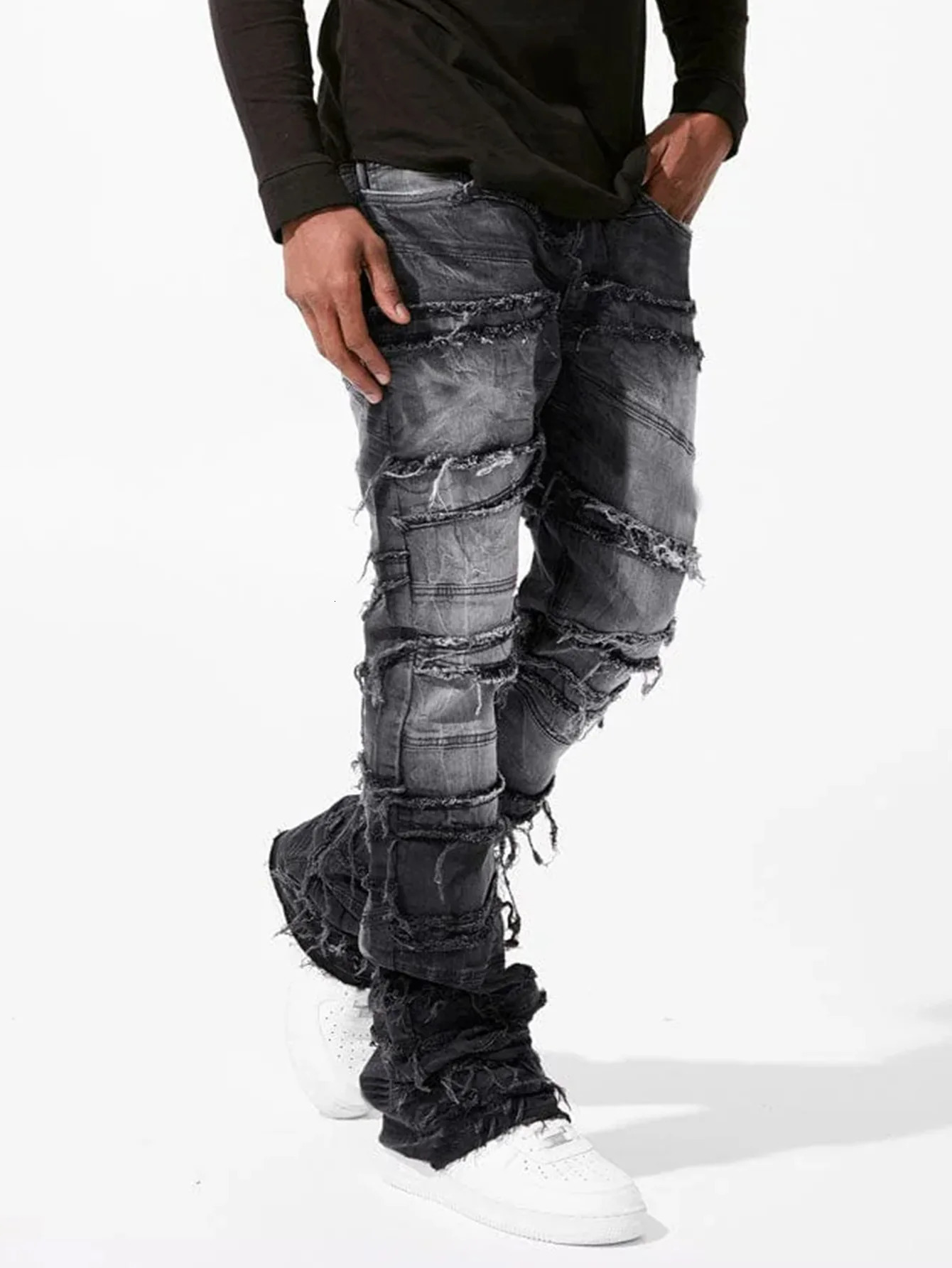 Spring Y2k Jeans Men Opening Hem Retro Ripped Tassel Wash Denim Bottoms Males Stacked Jeans 241230