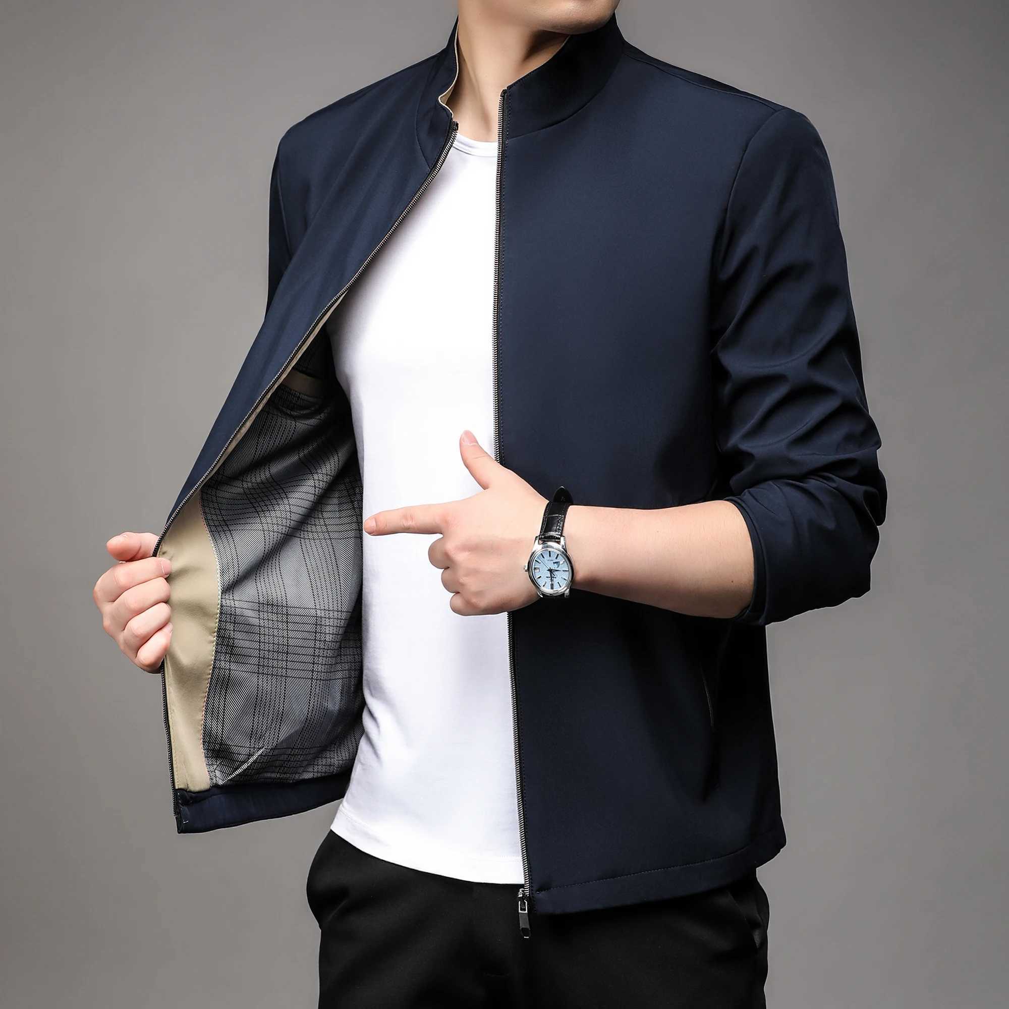 High quality handsome guy 2024 spring/summer mens business casual jacket solid color fashion no trace stand collar M-4XL W250103