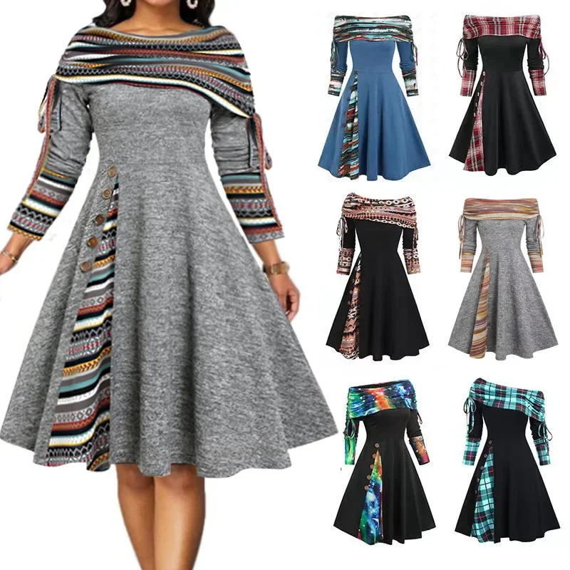 Fashionable womens autumn/winter shoulder long sleeved dress with a fitted waist and a large swing 250102