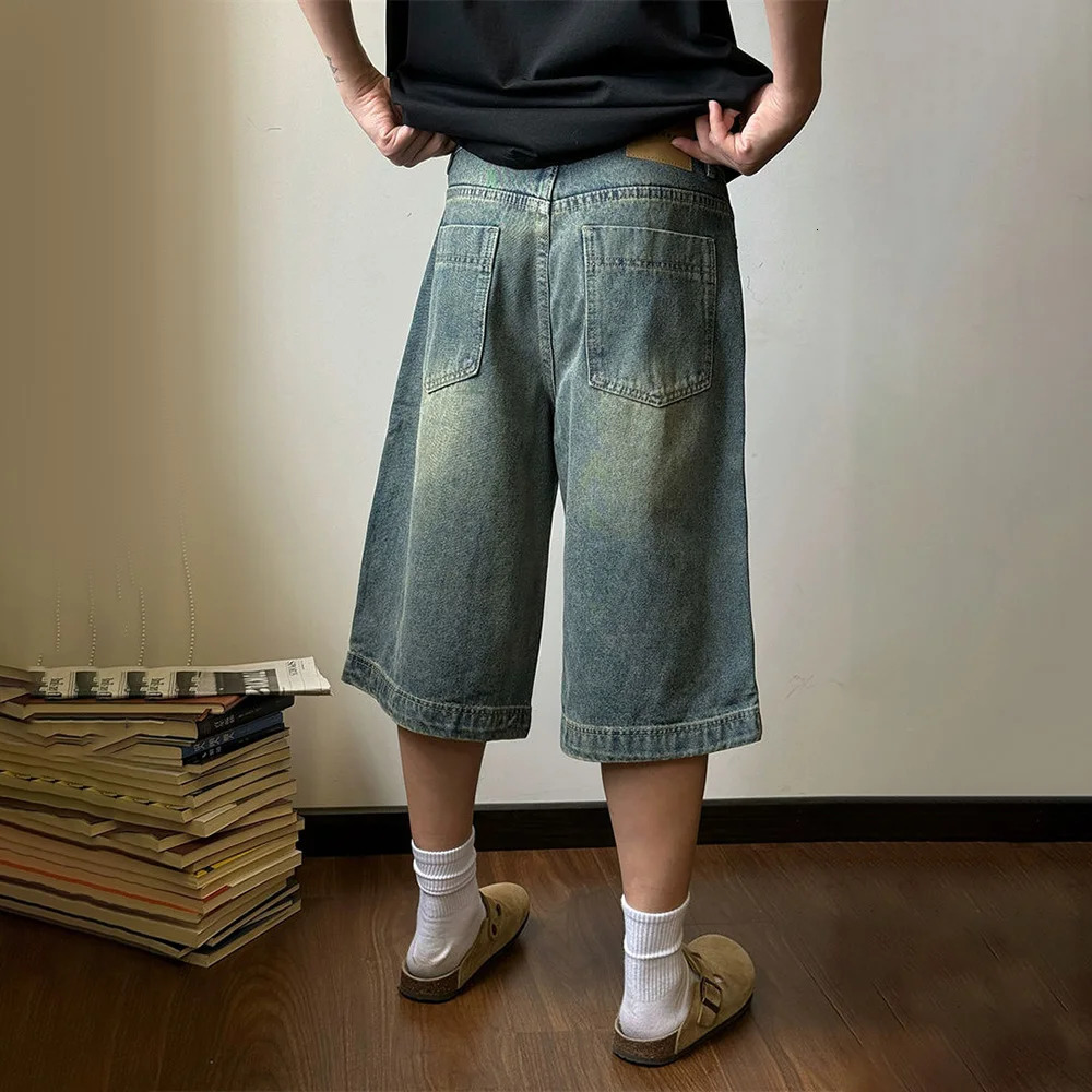 Mens shorts washed high street pocket jeans summer wear resistant American wide leg pants mens clothing unisex 241230