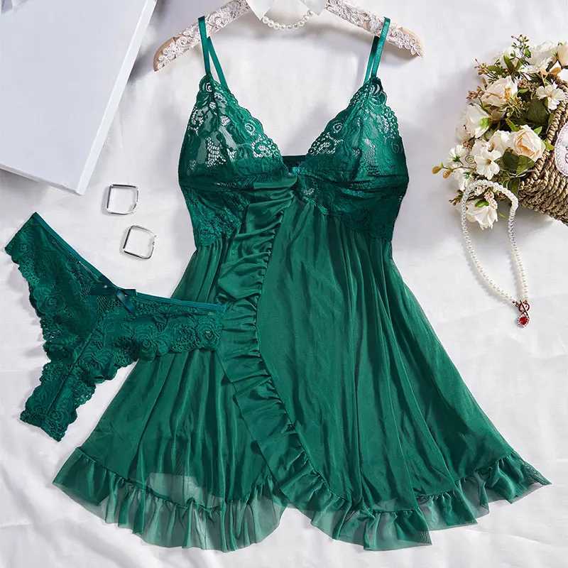 Sexy pajamas womens Ling rie set deep V-slip pajamas and underwear lace pleated decorative underwear pajamas W250103