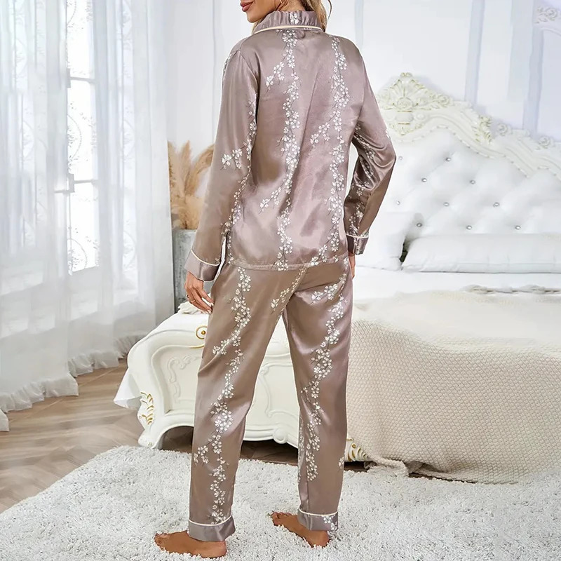 Women Satin Pajama Casual Sleepwear Home Clothes Suit Autumn Long Sleeve Button Up Top Pants Nightwear Loungewear Pyjama Femme 250103