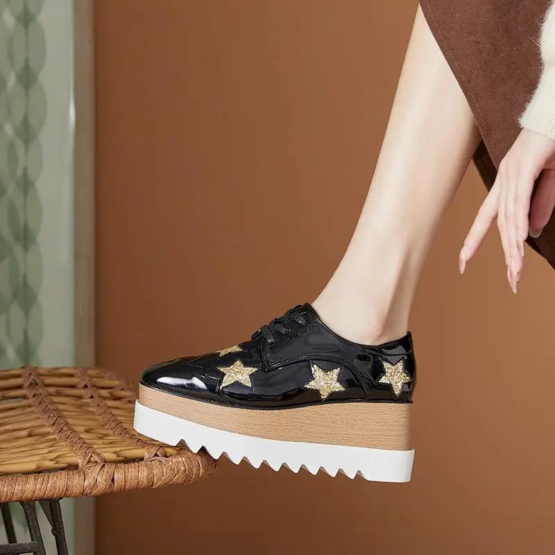 Slim and Versatile Spring Star Thick Sole Sponge Cake Casual Shoes Lace Up Slope Heel Womens British Style HZB 250219