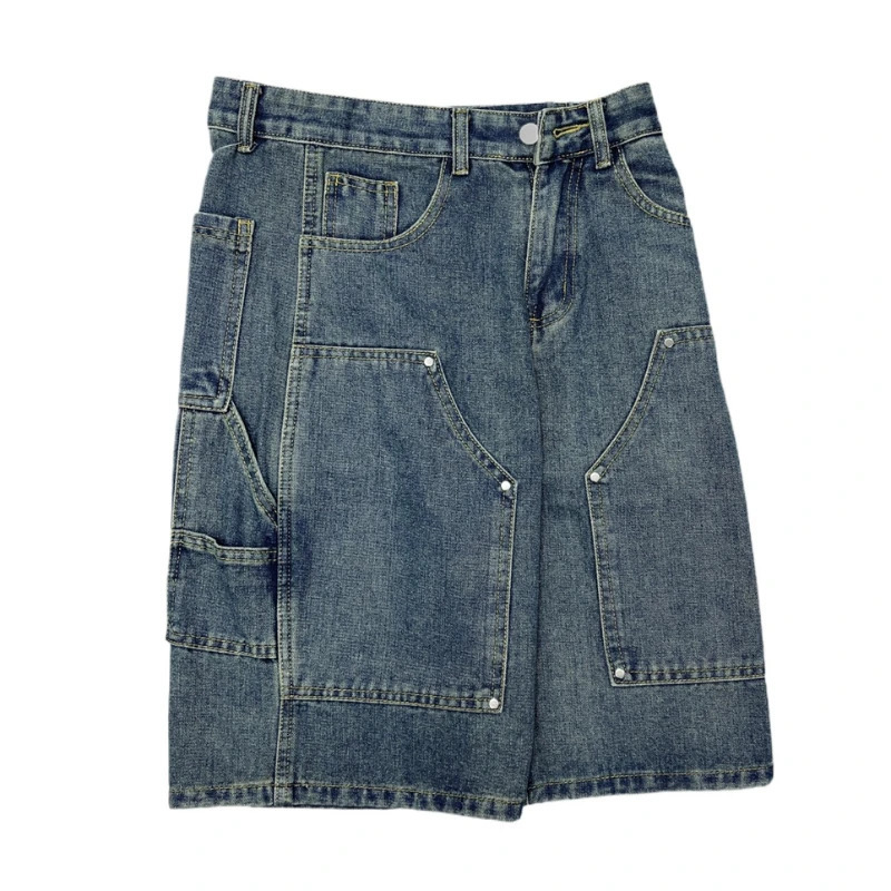 Mens denim shorts summer thin retro American street fashion loose straight casual wash knee long jeans 241230