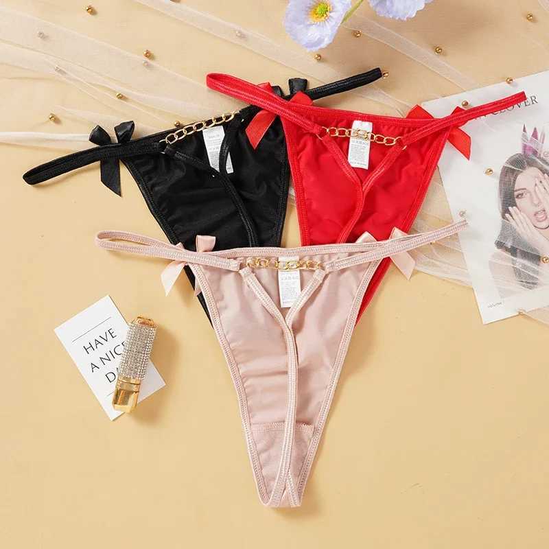 3Pcs/Set Sexy Women Ice Silk Panties Low Waist G-String Underwear Seamless Metal Chain Bow Solid Color Thong Female LingerieXJ250103