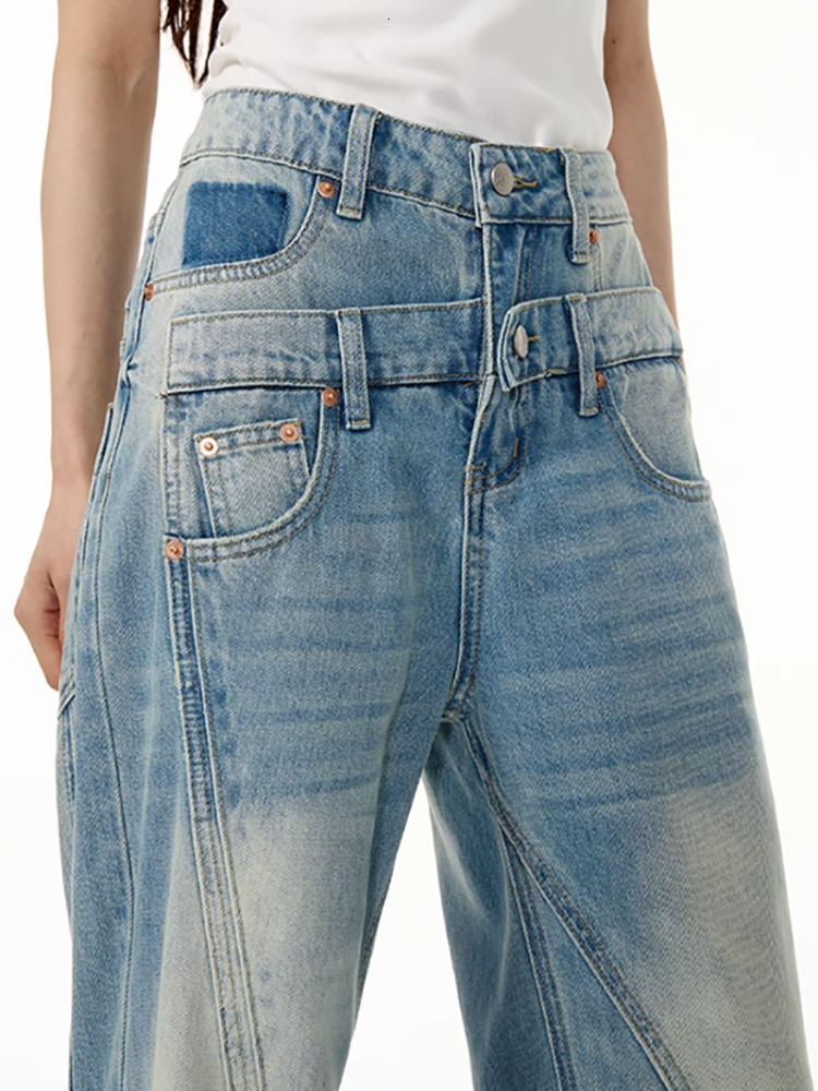 DEAT Fashion Women's Deconstruct Jeans Double Waistband Pockets Spliced Or Straight Denim Pants Spring 2025 New Tide 7Ab6968