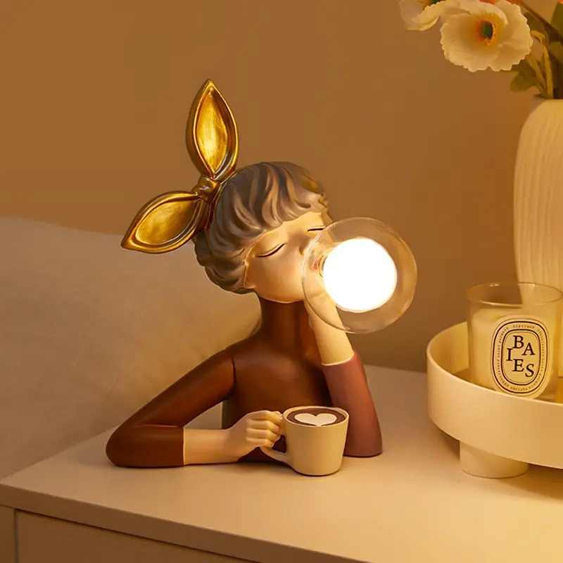 Cartoon Bubble Girl Resin Statue Decoration Family Living Room Bedroom Bedside Table Desktop Night Light Decoration Birthday Gift 250102