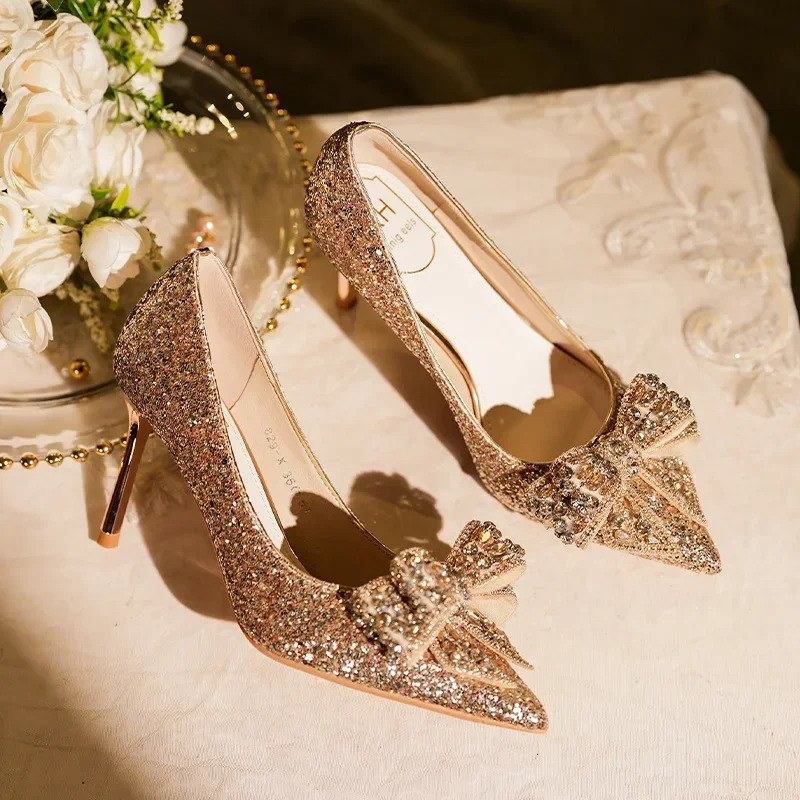 Autumn Pointed Toe Pumps Sequined Rhinestone Butterfly Women heels Gold Silver High Heels Party Wedding Shoes250102