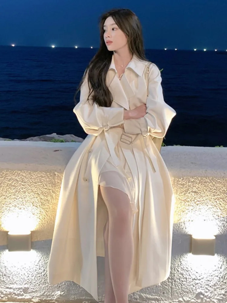 Streetwear Loose Trench Coat Midi Length Double Breasted Fashion Korean Elegant Solid Womens Windbreaker Coat Casual Autumn 241224