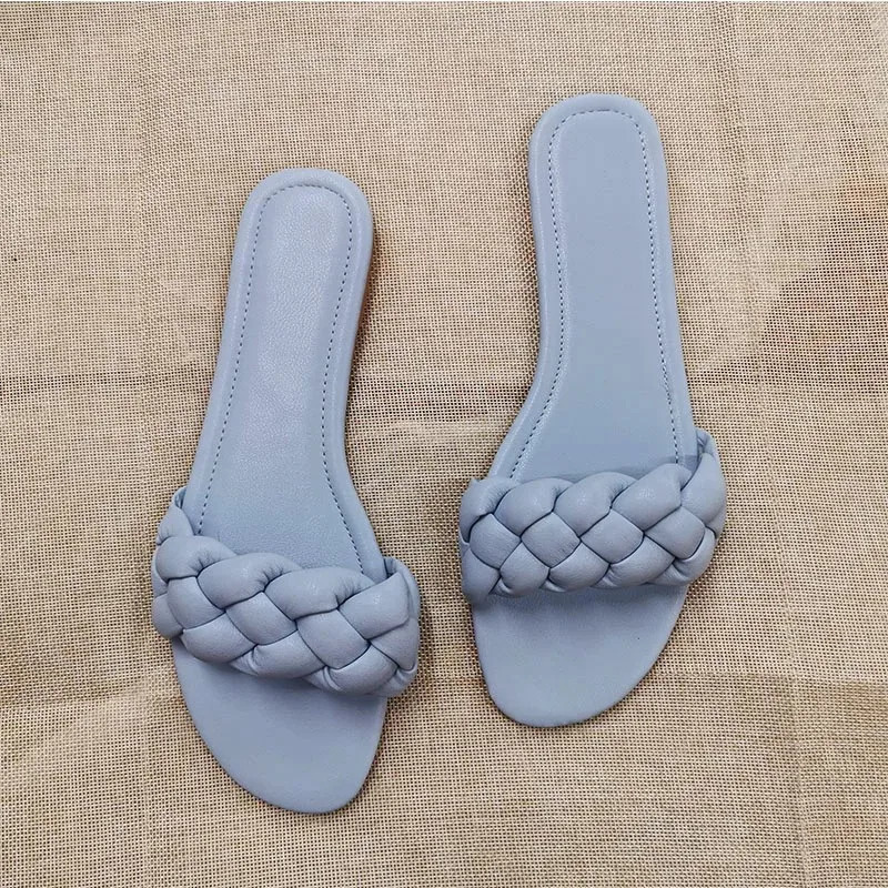 Fashion Open Toe Women Sandals Casual Summer Leather Shoes Woman Slipon Ladies Slides Beach Solid Weave Modern Flat Sandal 250220