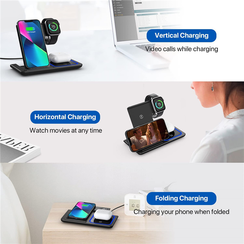 15W LED Fast Wireless Charger 3 in 1 Foldable Charging Station For iPhone 16 15 14 13 12 11 Apple Watch 9 8 7 6 5 Airpods 3 4 Pro 2 With Retail Box