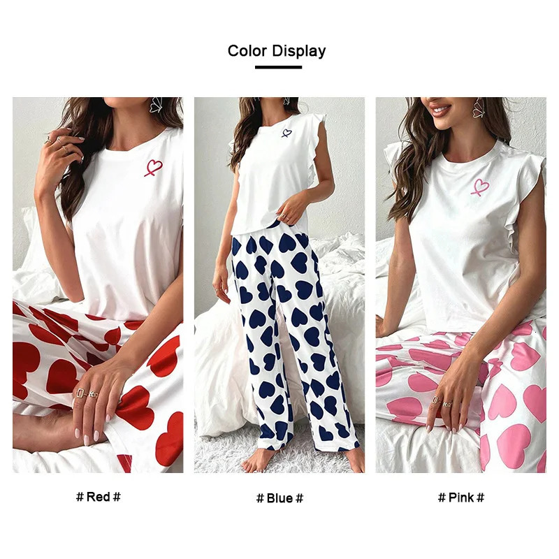 Heart Letter Printed Womens Pajama Pj Set Soft Short Sleeve Tops Elastic Waist Pants Pyjama Pijama Femme Casual Home Clothes 250103