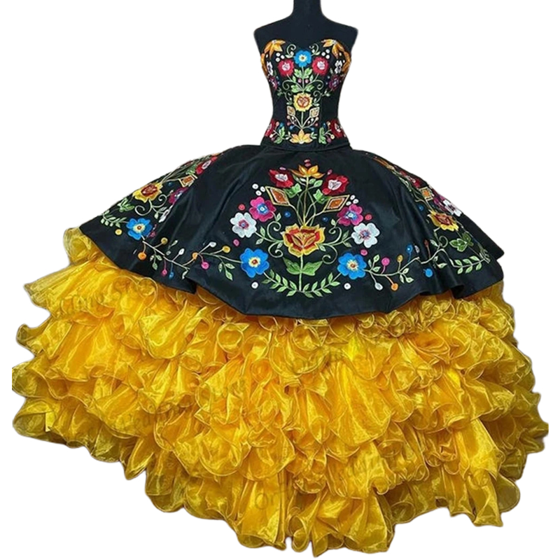 Flowers Embroidery Black And Gold Princess Quinceanera Dresses Sweetheart Strapless Ruffles Tiered Ball Gown Prom Boutique Dress Vestidos 15 Anos 2025