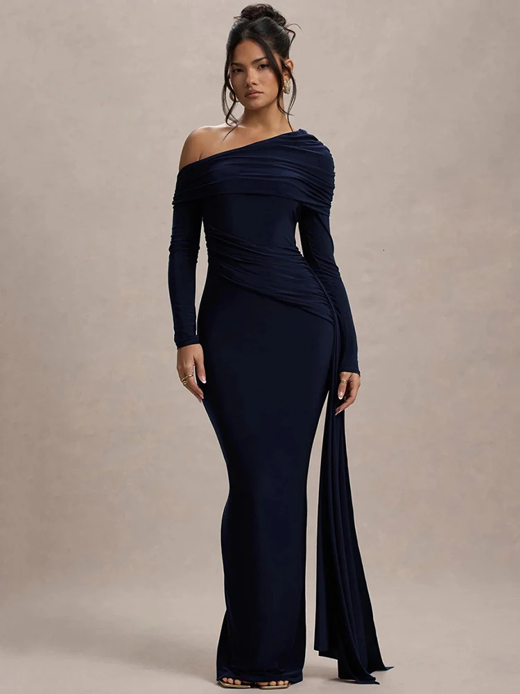 Mozision Skew Collar Long Sleeve Sexy Maxi Dress For Women Gown Fashion Backless Draped Ruched Bodycon Club Elegant 250102