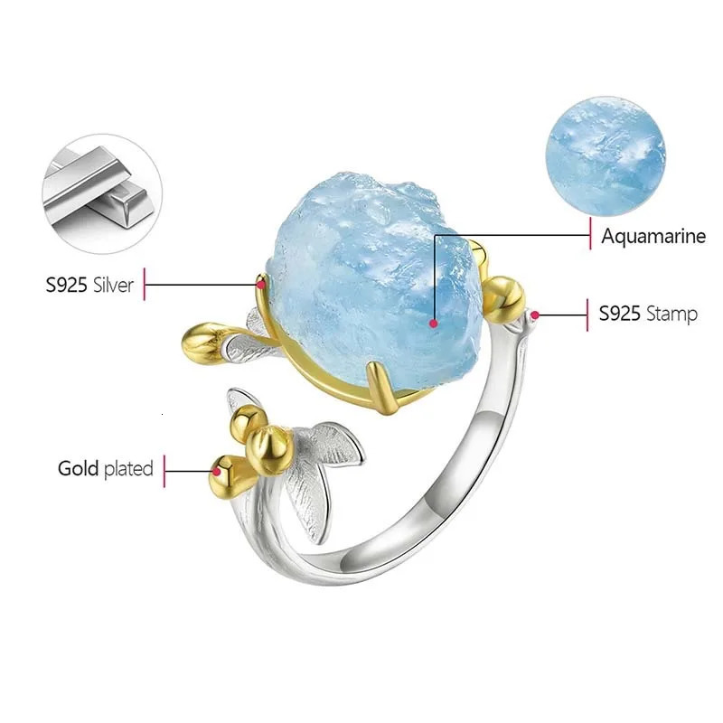 Lotus Fun 18K gold natural aquamarine gemstone womens adjustable flower ring genuine 925 sterling silver exquisite jewelry 250102