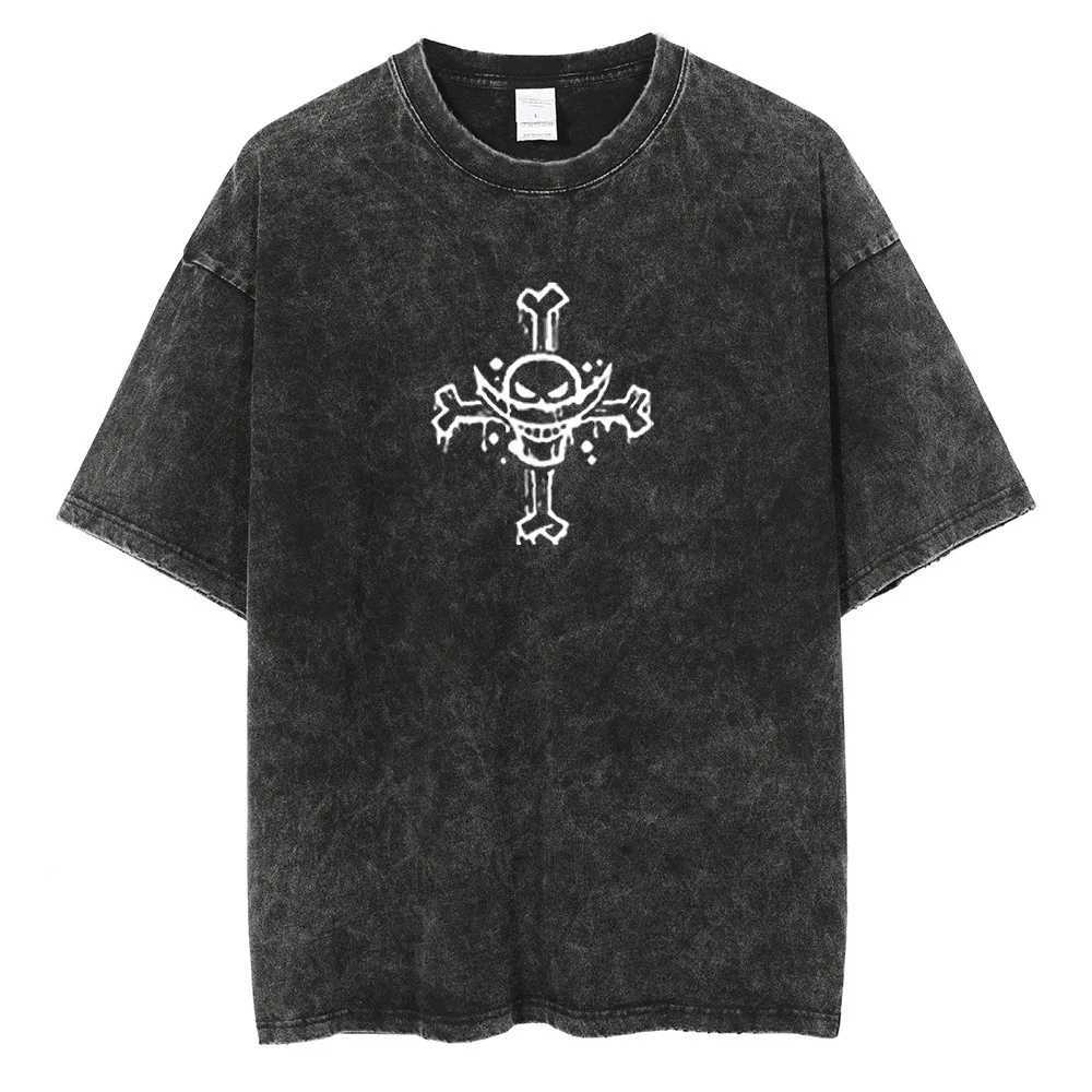 Men Fashion Streetwear Washed Black T-Shirt Harajuku Japanese Anime Graphic Print T Shirt Summer Cotton Oversized Tops TeesXJ240102