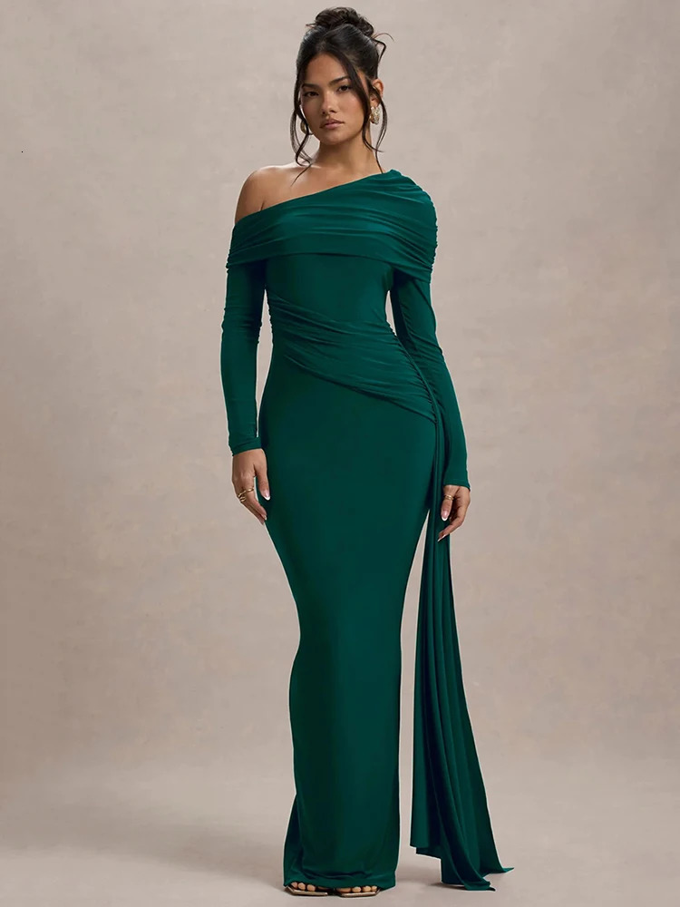 Mozision Skew Collar Long Sleeve Sexy Maxi Dress For Women Gown Fashion Backless Draped Ruched Bodycon Club Elegant 250102