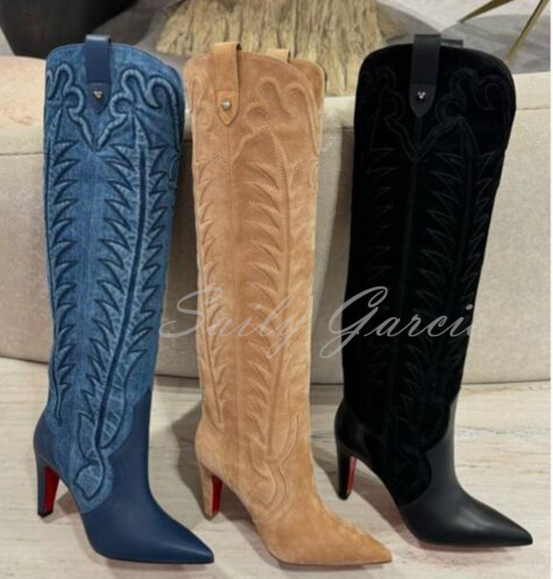 Brown Suede Crystal Beaded Knee High Boot Women Pointy Toe Embroidery Stiletto Heel Slip On Designer Brand Winter Trendy Booties