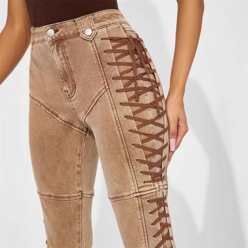 Women Jeans 2025 INS New Fashion Strap Drawstring Hot Girl Jeans Pants 2 Colours