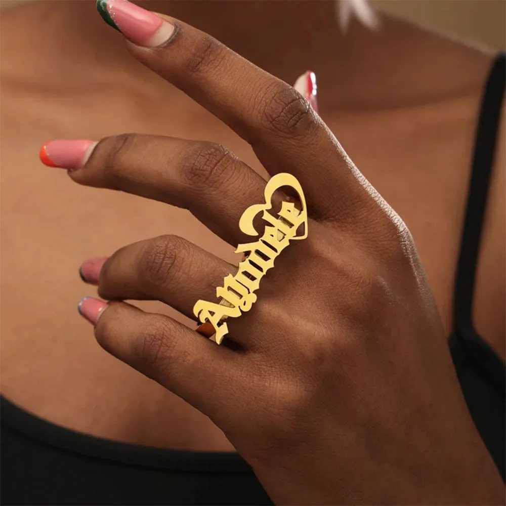 New stainless steel name ring personalized large two finger ring for women fashionable gold double finger ring for knuckles mens couple gift W250102