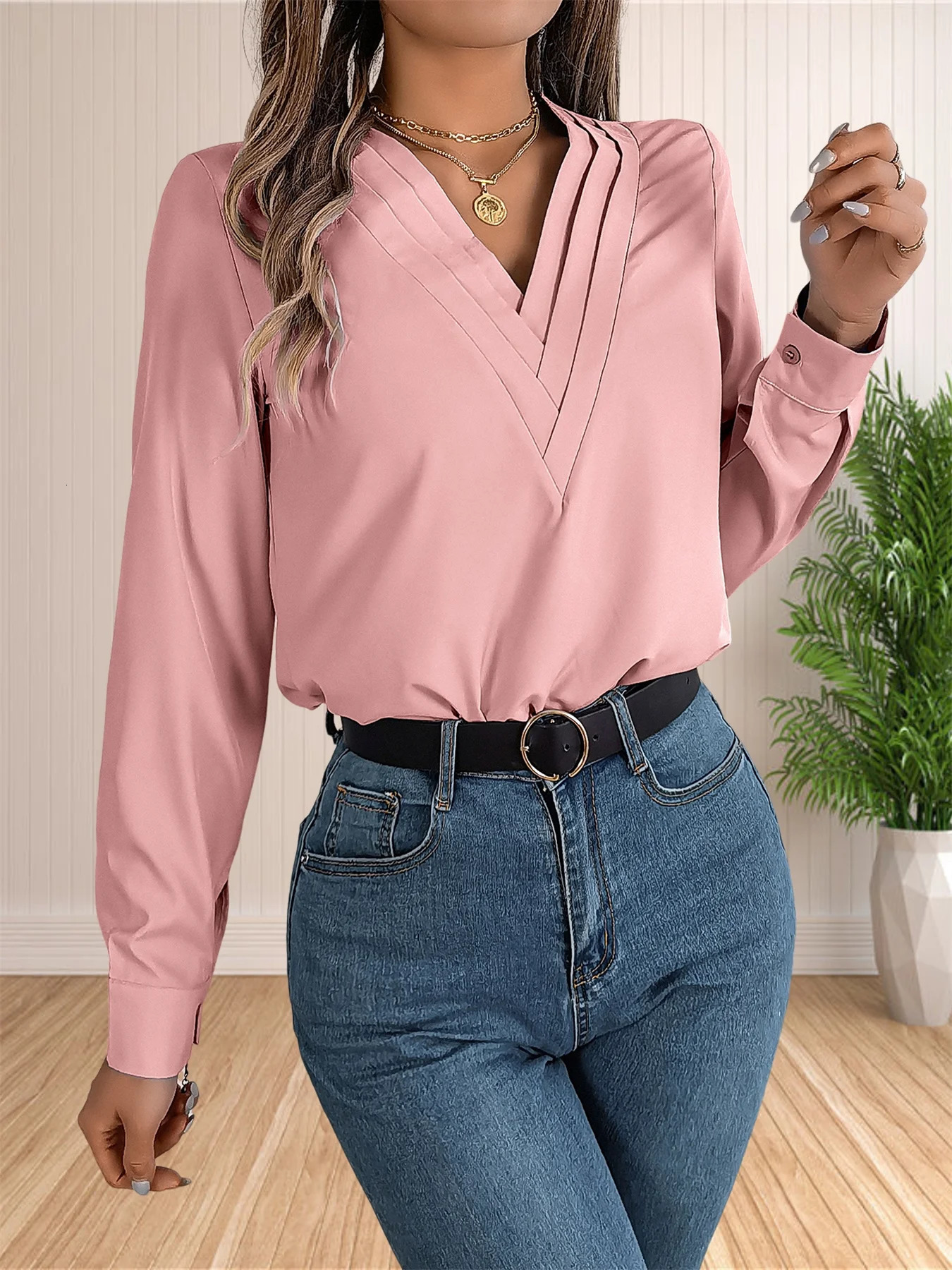 Womens elegant business office shirt layered V-neck long sleeved dress work top 250102