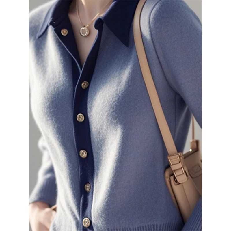 Polo collar knitted cardigan womens autumn and winter simple office womens solid color sweater trend fully matched knitted top M250102