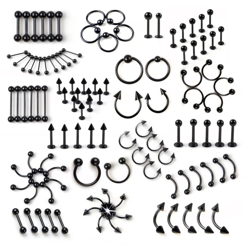 50/95Pcs Black Stainless Steel Eyebrow Navel Belly Lip Labret Tongue Nose Ring Ear Tragus Piercing Barbell Tunnel Body Jewely 250103