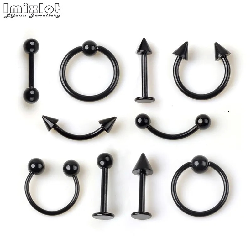50/95Pcs Black Stainless Steel Eyebrow Navel Belly Lip Labret Tongue Nose Ring Ear Tragus Piercing Barbell Tunnel Body Jewely 250103