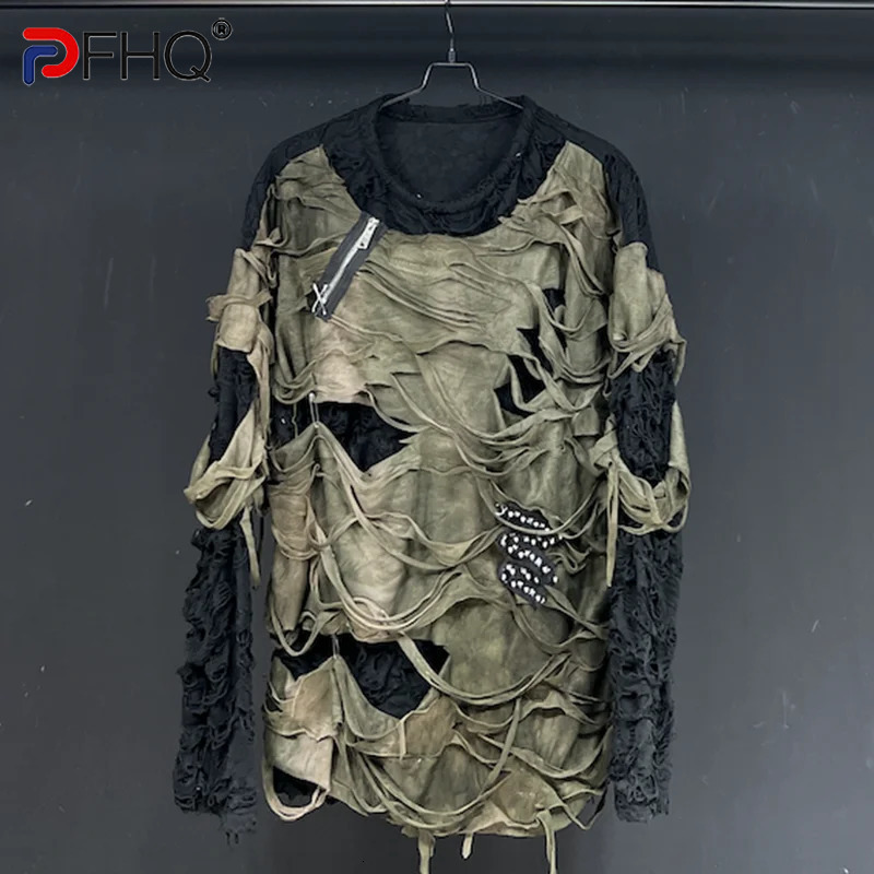 PFHQ Worn-Out Men's T-Shirts Round Collar Loose Hole Zipper Patchwork Long Sleeve Casual Fake Two-Piece Male Tees Spring 21Z9082